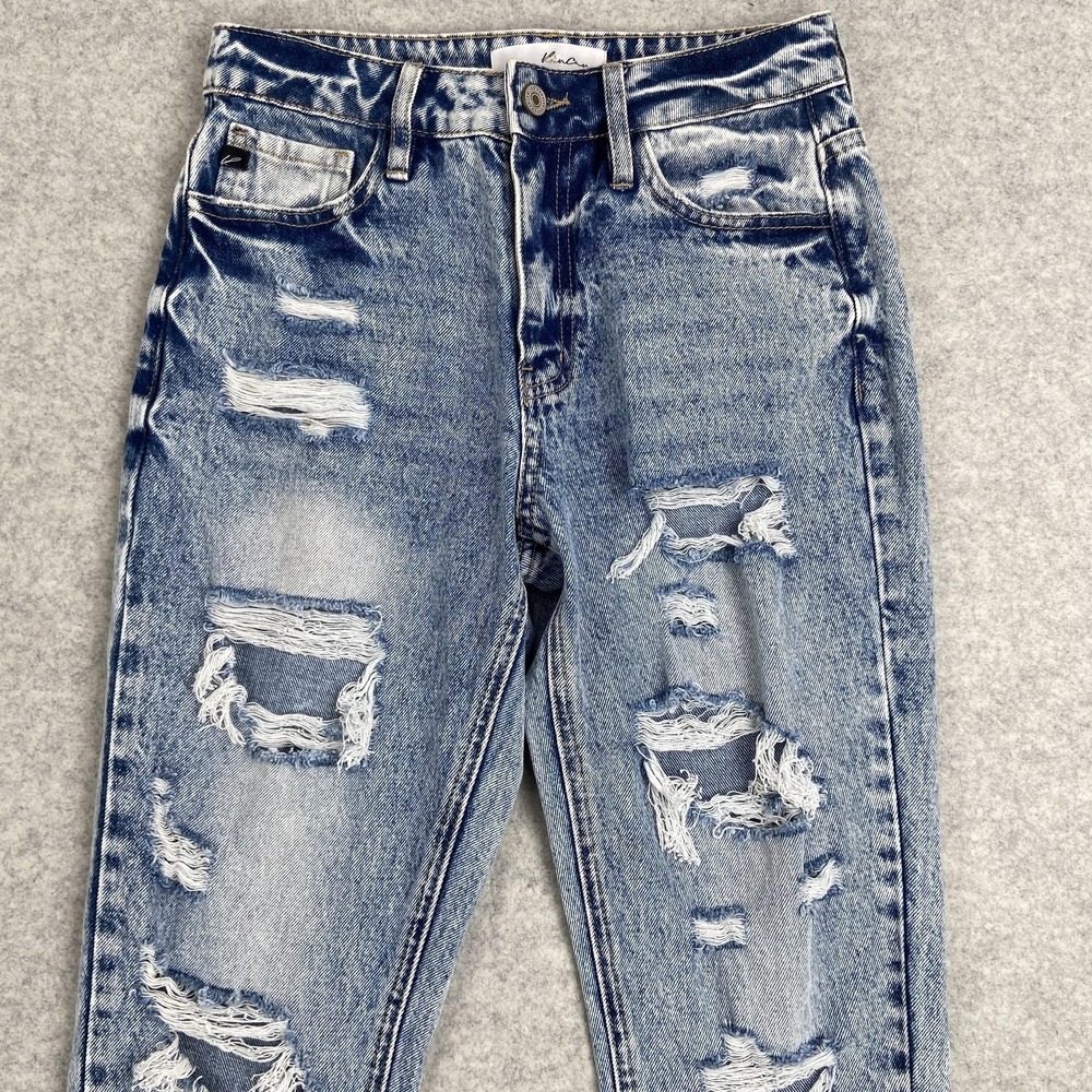 KanCan Mom Jeans Womens 0/23 (26x26) Blue High Rise Distressed Raw Hem Denim